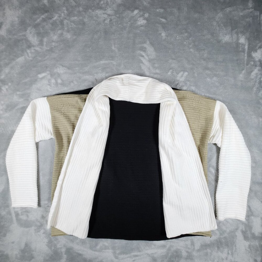 Margaret Winters Womens Medium Open-Front Cardigan Sweater Black/White/Tan 100%